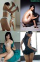 A series of photos of a woman in lingerie holding a dumbbell.