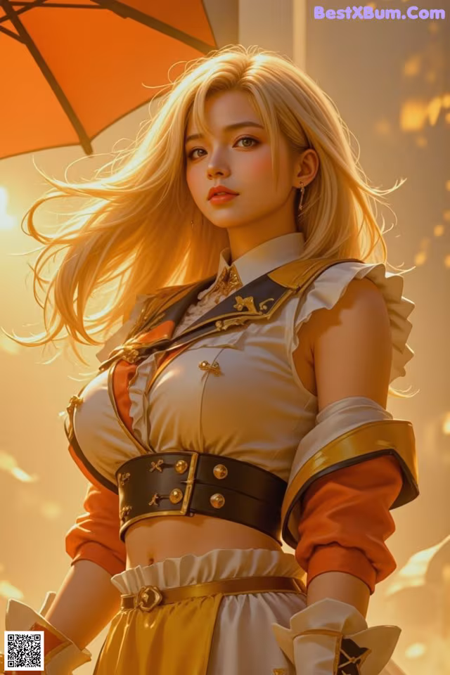 A woman in a white and orange outfit holding an umbrella.