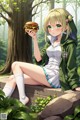 A girl sitting on a rock eating a hamburger.