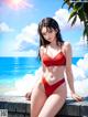 A woman in a red bikini sitting on a dock.